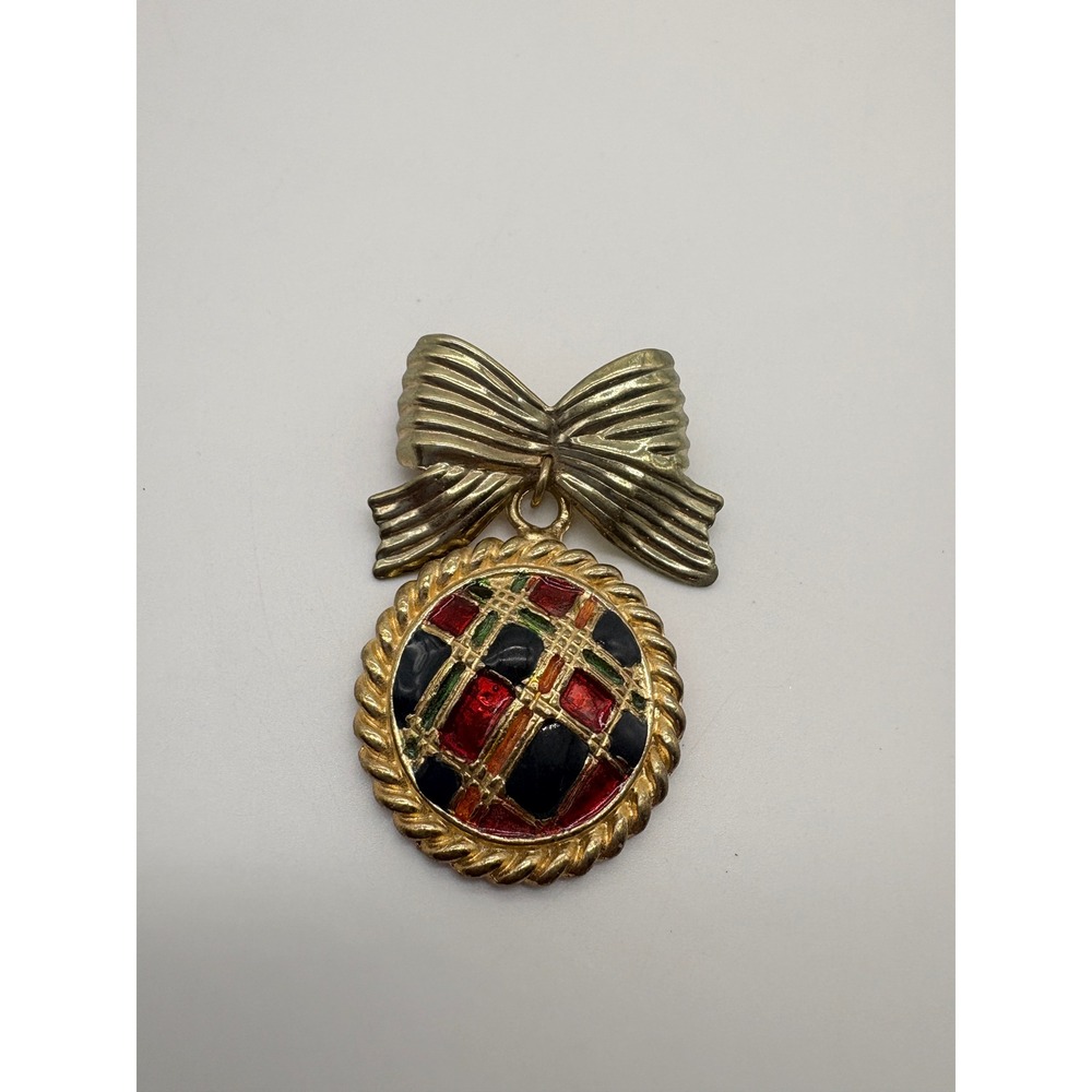 Butler and Wilson Vintage Gold Tone Bow Plaid Enamel Pendant Brooch Pin E3311